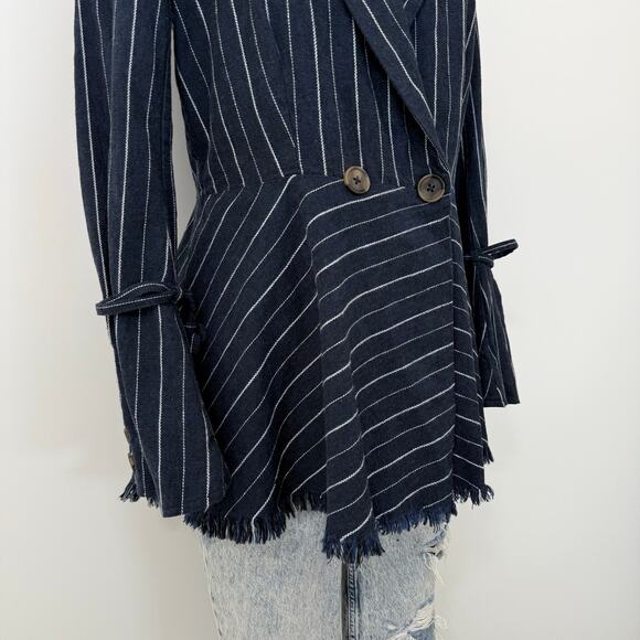 Free People Stella Striped Frayed-Hem Blazer Jacket Navy Blue XS Linen Cotton - Picture 4 of 12